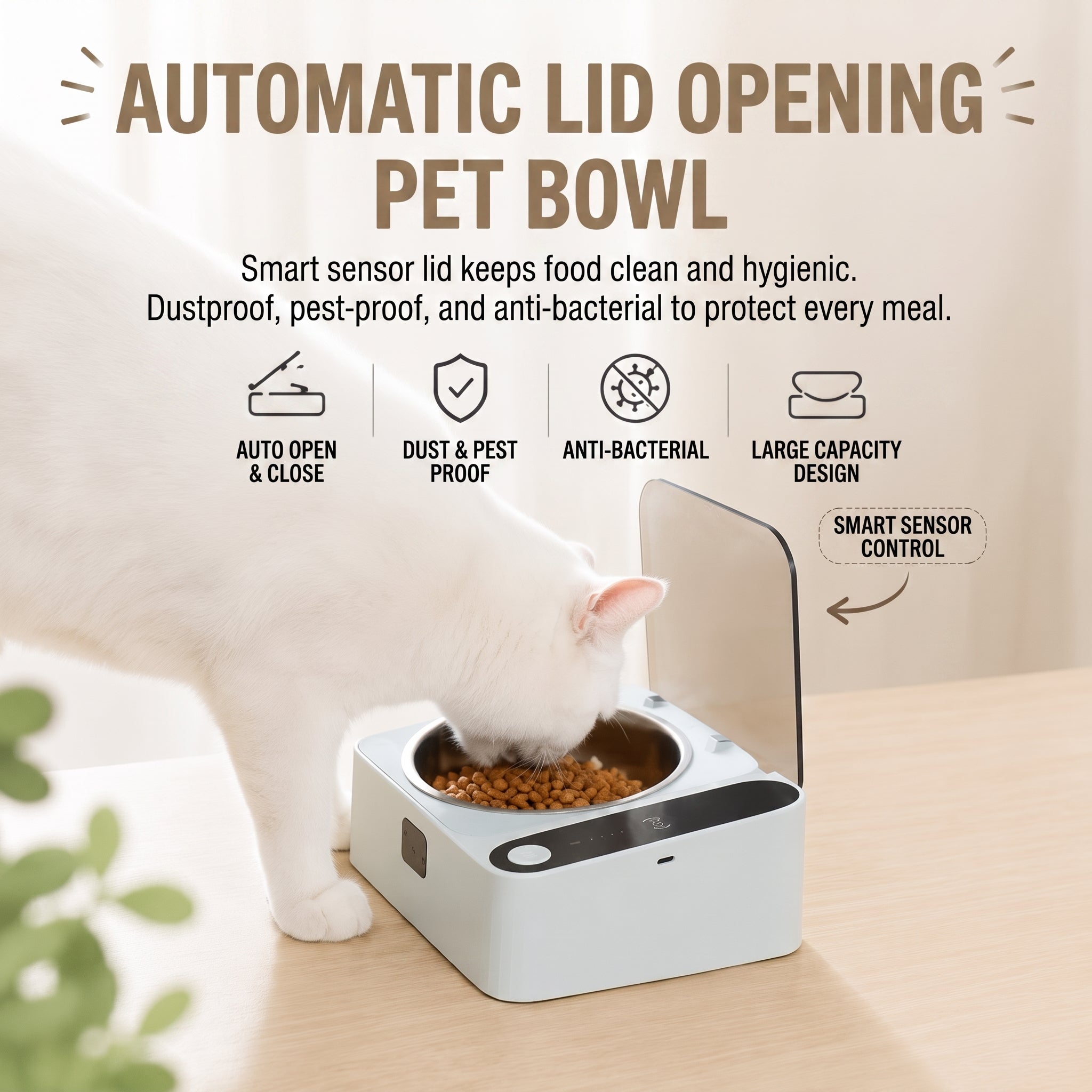 Smart Auto-Lid Cat Bowl – Rechargeable Pet Feeding Bowl with Type-C Charging